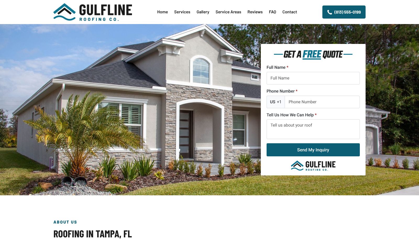 Concept homepage for a roofing company in Tampa, FL, on a computer