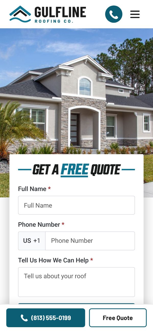 The same homepage on a phone, with the call button and quote form